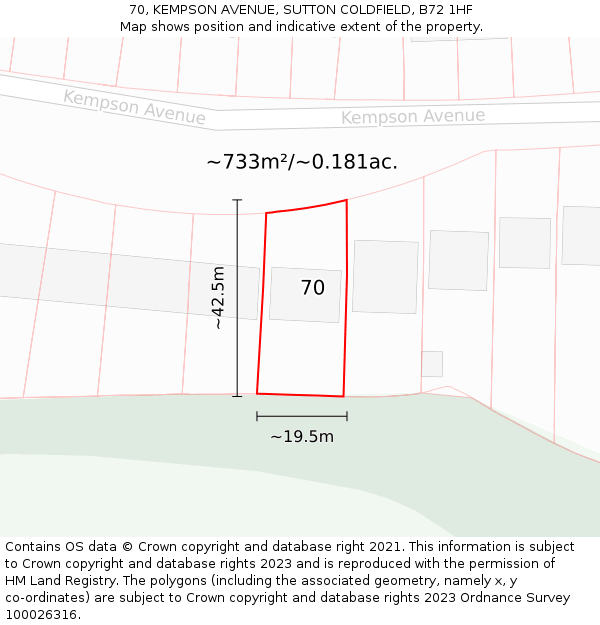 70, KEMPSON AVENUE, SUTTON COLDFIELD, B72 1HF: Plot and title map