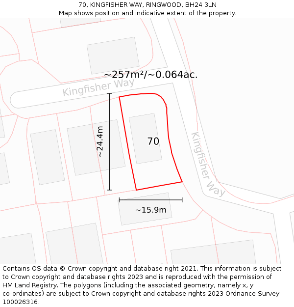 70, KINGFISHER WAY, RINGWOOD, BH24 3LN: Plot and title map