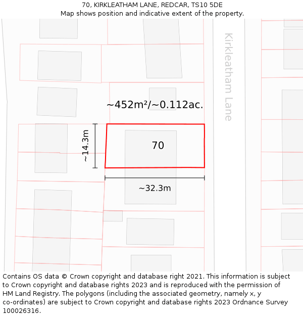 70, KIRKLEATHAM LANE, REDCAR, TS10 5DE: Plot and title map