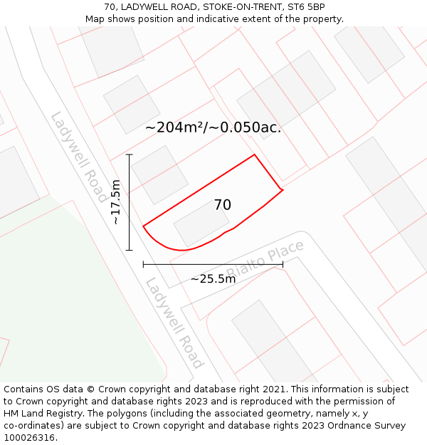 70, LADYWELL ROAD, STOKE-ON-TRENT, ST6 5BP: Plot and title map