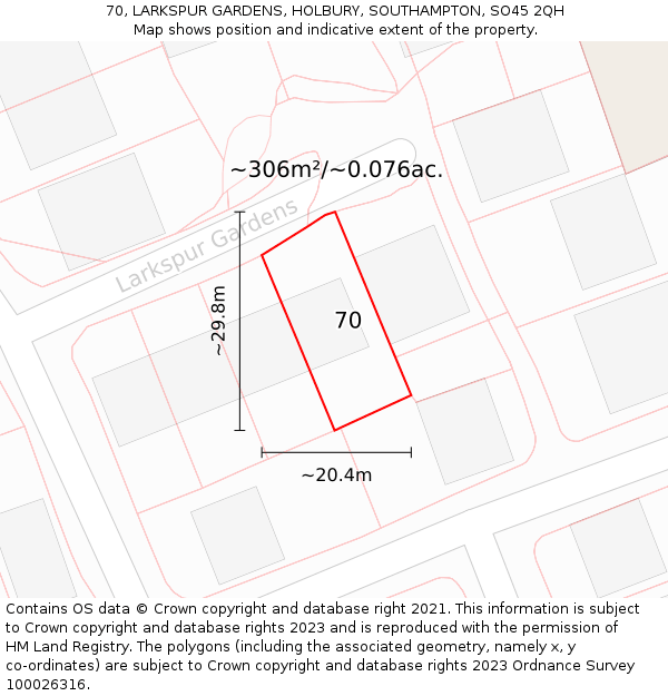 70, LARKSPUR GARDENS, HOLBURY, SOUTHAMPTON, SO45 2QH: Plot and title map