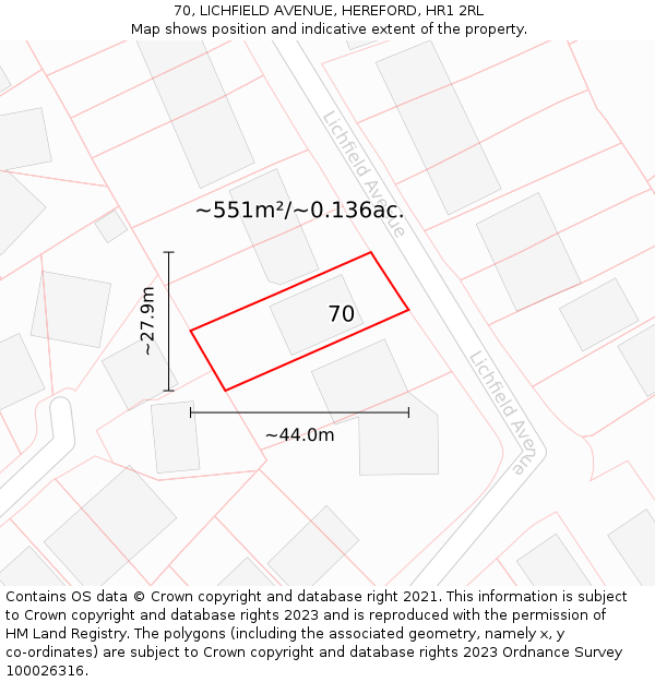 70, LICHFIELD AVENUE, HEREFORD, HR1 2RL: Plot and title map