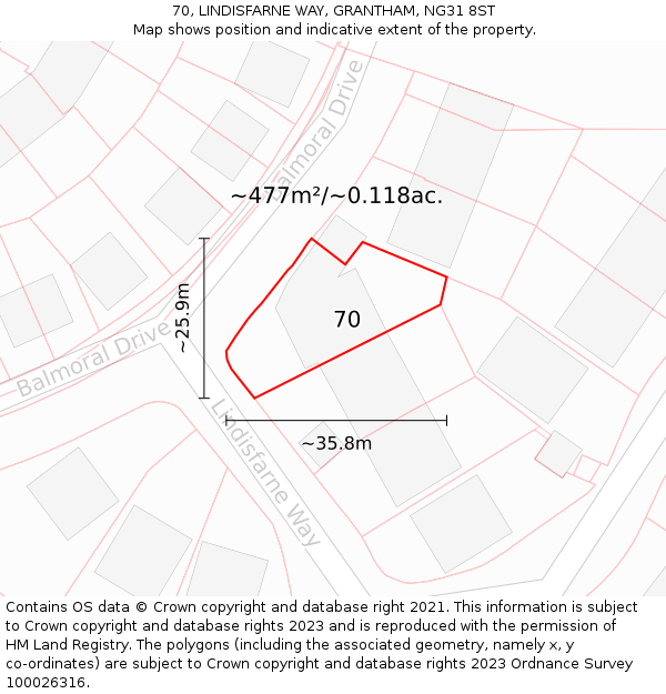 70, LINDISFARNE WAY, GRANTHAM, NG31 8ST: Plot and title map