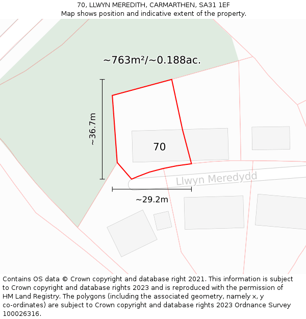 70, LLWYN MEREDITH, CARMARTHEN, SA31 1EF: Plot and title map