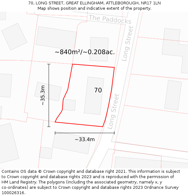 70, LONG STREET, GREAT ELLINGHAM, ATTLEBOROUGH, NR17 1LN: Plot and title map