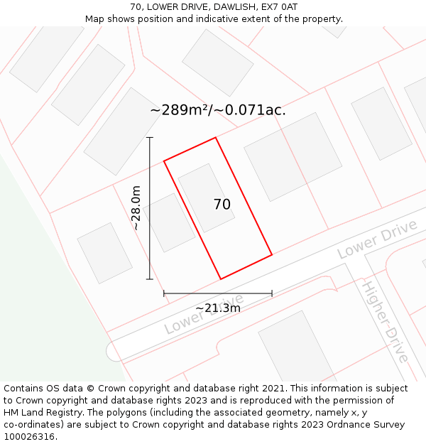 70, LOWER DRIVE, DAWLISH, EX7 0AT: Plot and title map