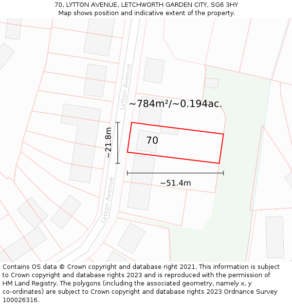 70, LYTTON AVENUE, LETCHWORTH GARDEN CITY, SG6 3HY: Plot and title map