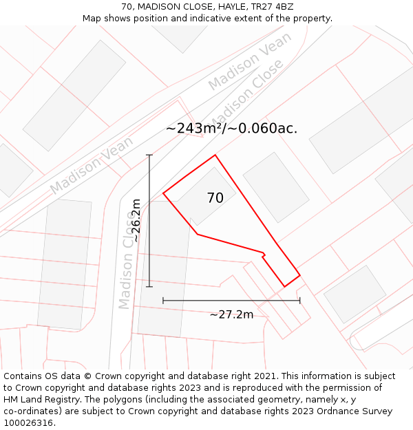 70, MADISON CLOSE, HAYLE, TR27 4BZ: Plot and title map