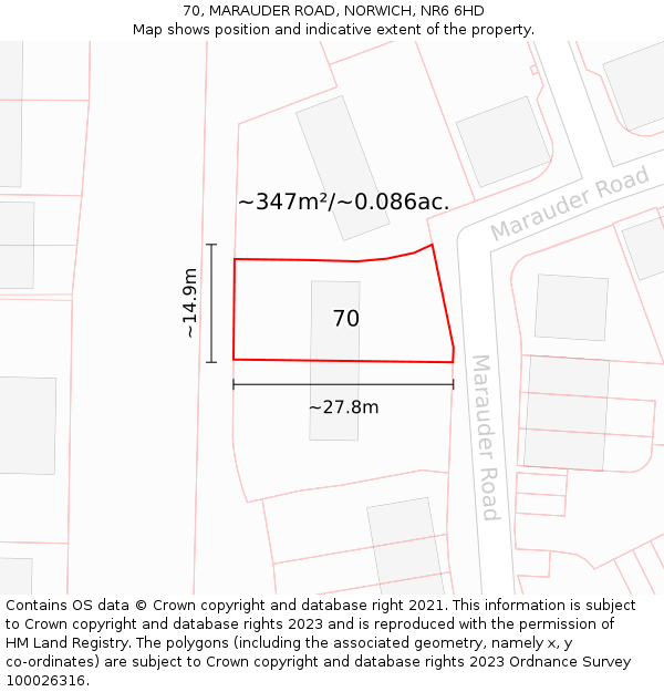 70, MARAUDER ROAD, NORWICH, NR6 6HD: Plot and title map