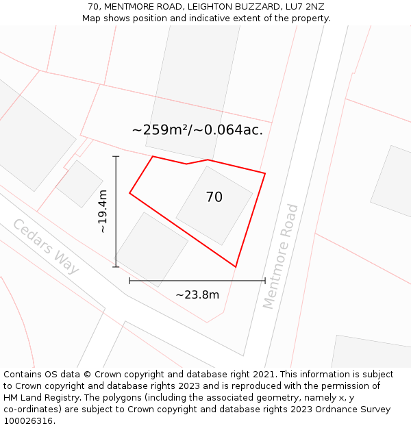 70, MENTMORE ROAD, LEIGHTON BUZZARD, LU7 2NZ: Plot and title map