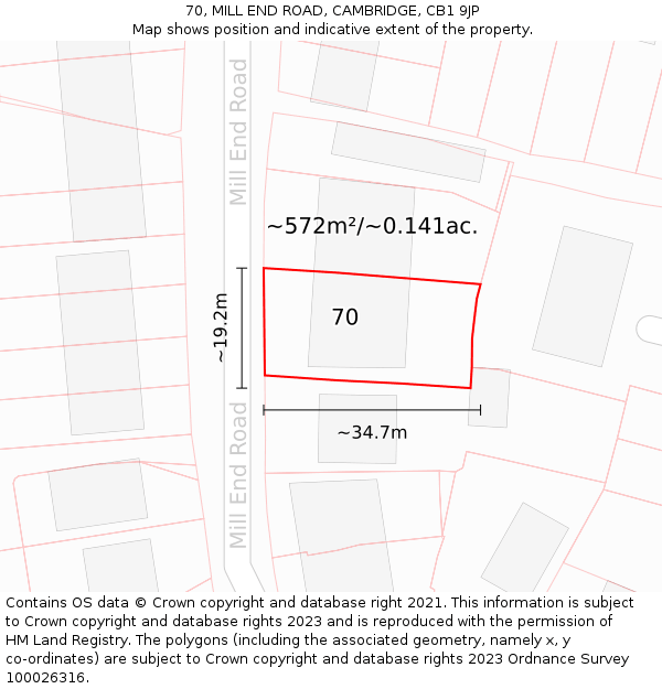 70, MILL END ROAD, CAMBRIDGE, CB1 9JP: Plot and title map