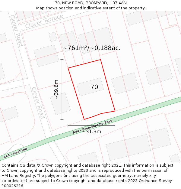 70, NEW ROAD, BROMYARD, HR7 4AN: Plot and title map