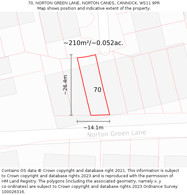 70, NORTON GREEN LANE, NORTON CANES, CANNOCK, WS11 9PR: Plot and title map