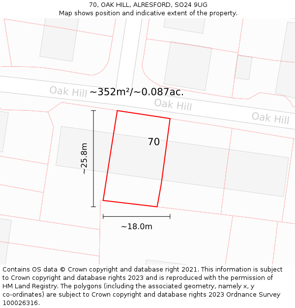 70, OAK HILL, ALRESFORD, SO24 9UG: Plot and title map