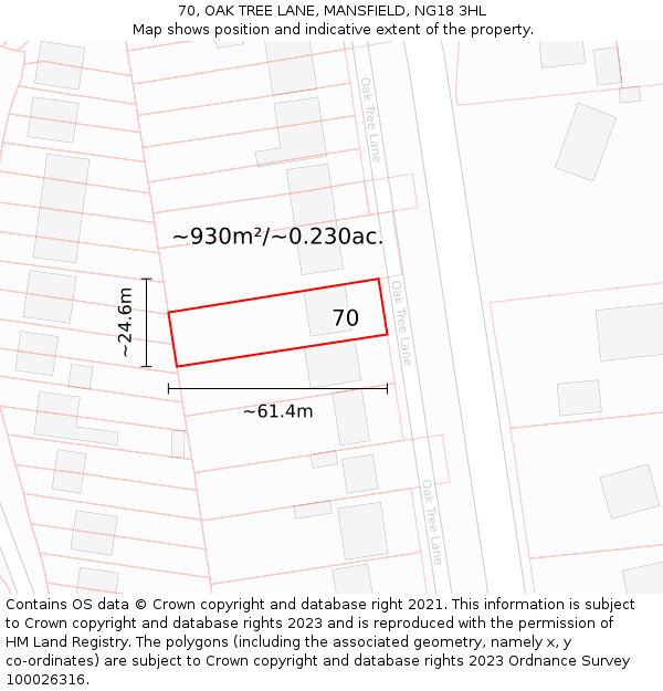 70, OAK TREE LANE, MANSFIELD, NG18 3HL: Plot and title map