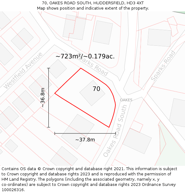 70, OAKES ROAD SOUTH, HUDDERSFIELD, HD3 4XT: Plot and title map