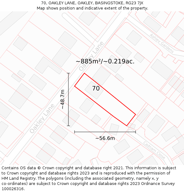 70, OAKLEY LANE, OAKLEY, BASINGSTOKE, RG23 7JX: Plot and title map