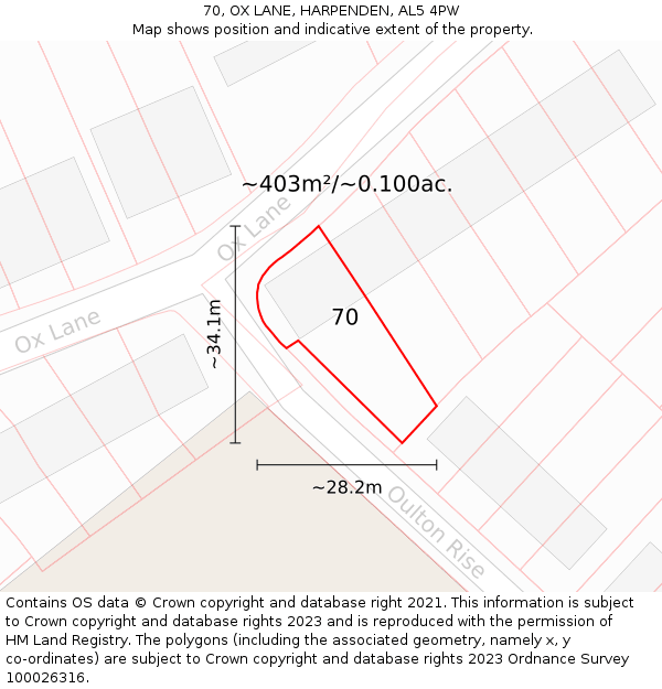 70, OX LANE, HARPENDEN, AL5 4PW: Plot and title map