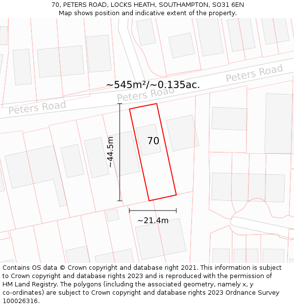 70, PETERS ROAD, LOCKS HEATH, SOUTHAMPTON, SO31 6EN: Plot and title map