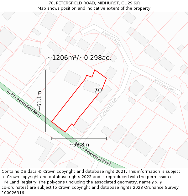 70, PETERSFIELD ROAD, MIDHURST, GU29 9JR: Plot and title map