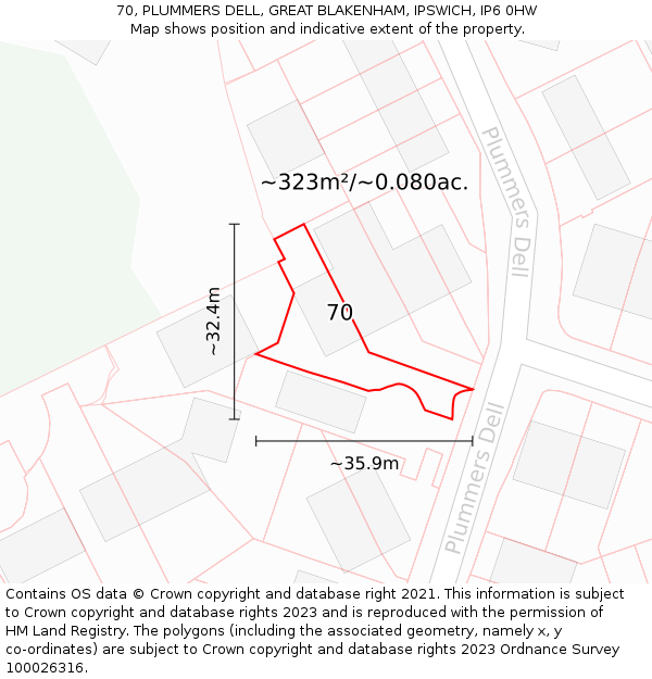 70, PLUMMERS DELL, GREAT BLAKENHAM, IPSWICH, IP6 0HW: Plot and title map