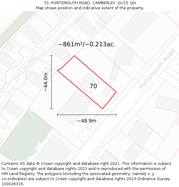 70, PORTSMOUTH ROAD, CAMBERLEY, GU15 1JN: Plot and title map