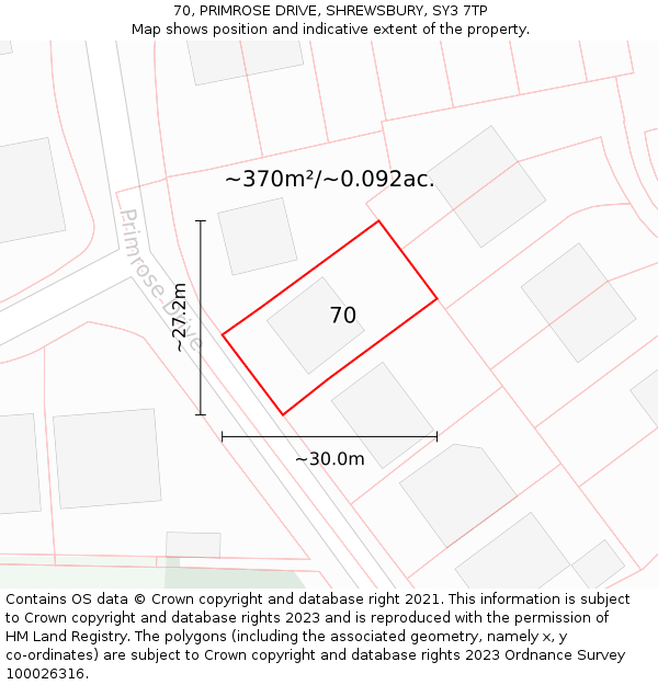 70, PRIMROSE DRIVE, SHREWSBURY, SY3 7TP: Plot and title map