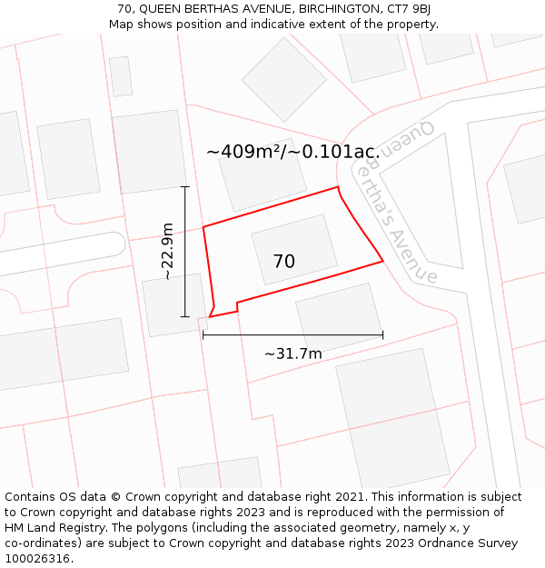 70, QUEEN BERTHAS AVENUE, BIRCHINGTON, CT7 9BJ: Plot and title map