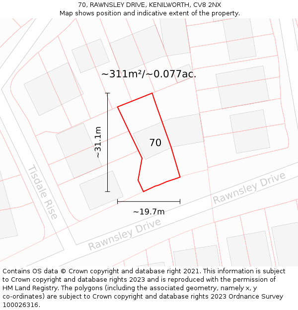 70, RAWNSLEY DRIVE, KENILWORTH, CV8 2NX: Plot and title map