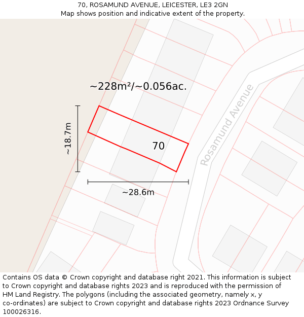 70, ROSAMUND AVENUE, LEICESTER, LE3 2GN: Plot and title map