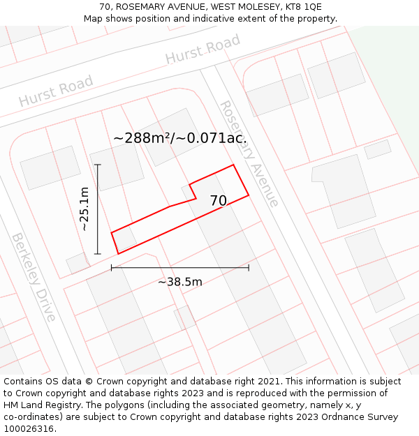 70, ROSEMARY AVENUE, WEST MOLESEY, KT8 1QE: Plot and title map