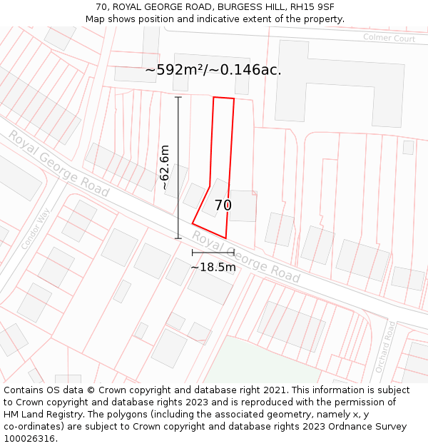 70, ROYAL GEORGE ROAD, BURGESS HILL, RH15 9SF: Plot and title map