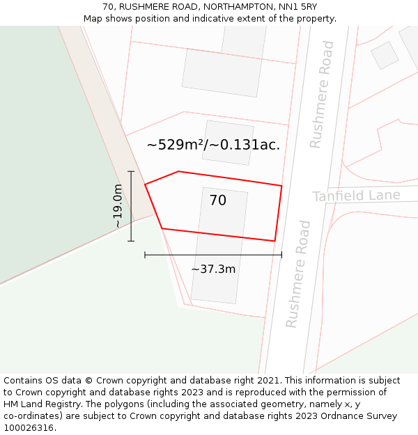 70, RUSHMERE ROAD, NORTHAMPTON, NN1 5RY: Plot and title map