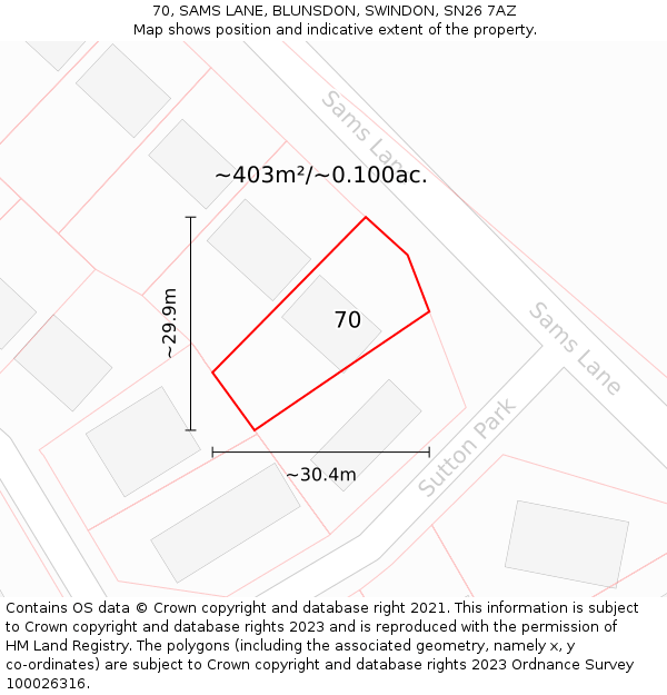 70, SAMS LANE, BLUNSDON, SWINDON, SN26 7AZ: Plot and title map