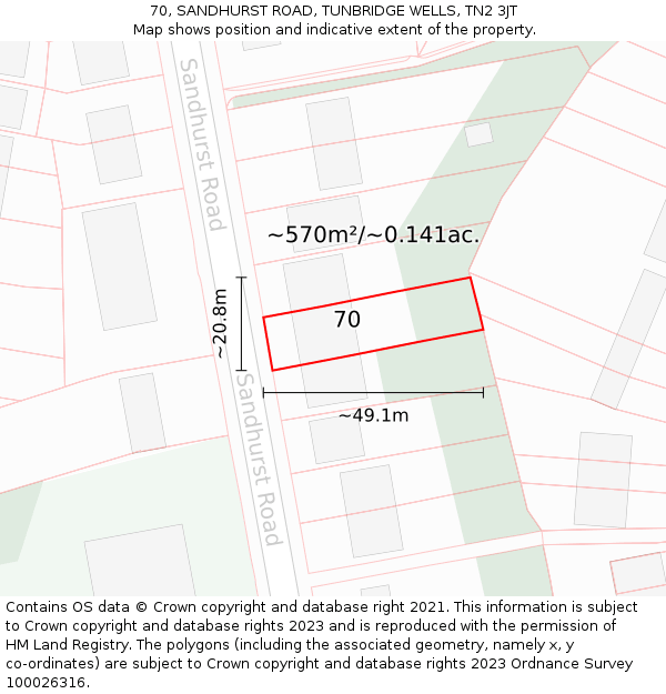 70, SANDHURST ROAD, TUNBRIDGE WELLS, TN2 3JT: Plot and title map