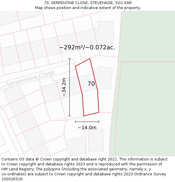 70, SERPENTINE CLOSE, STEVENAGE, SG1 6AR: Plot and title map