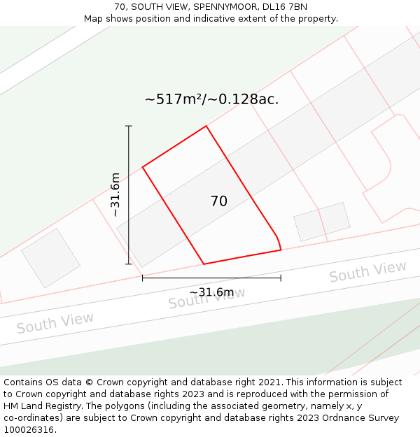 70, SOUTH VIEW, SPENNYMOOR, DL16 7BN: Plot and title map