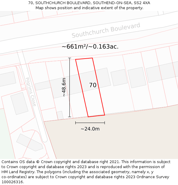 70, SOUTHCHURCH BOULEVARD, SOUTHEND-ON-SEA, SS2 4XA: Plot and title map