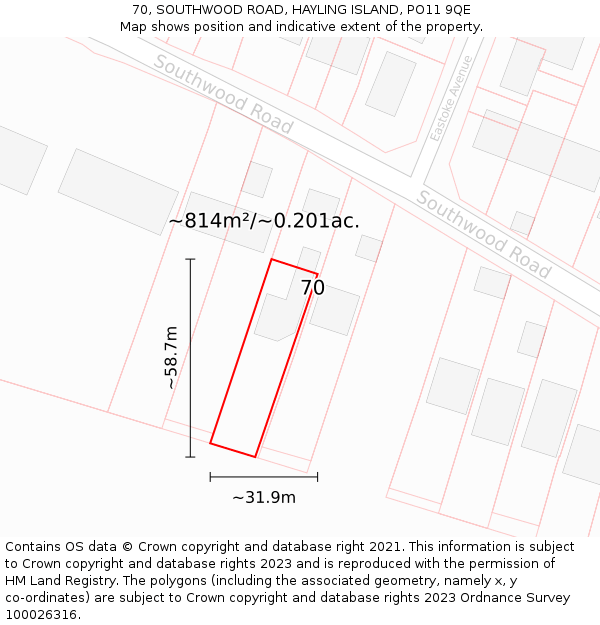 70, SOUTHWOOD ROAD, HAYLING ISLAND, PO11 9QE: Plot and title map