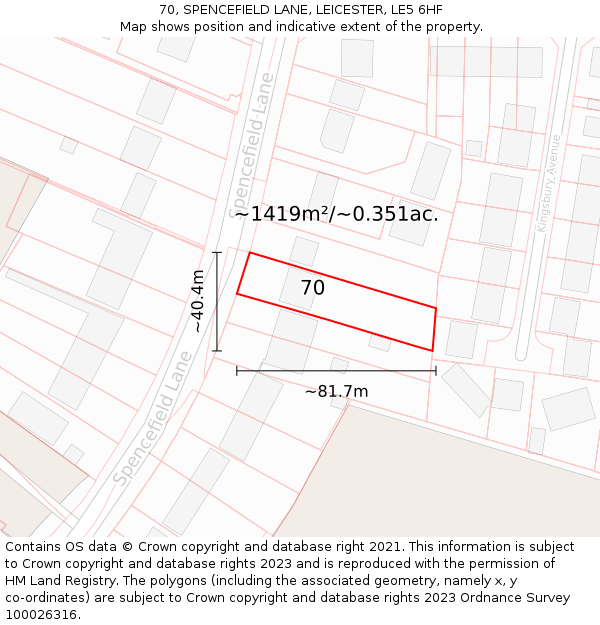 70, SPENCEFIELD LANE, LEICESTER, LE5 6HF: Plot and title map