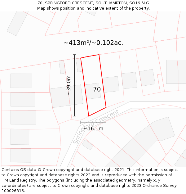 70, SPRINGFORD CRESCENT, SOUTHAMPTON, SO16 5LG: Plot and title map