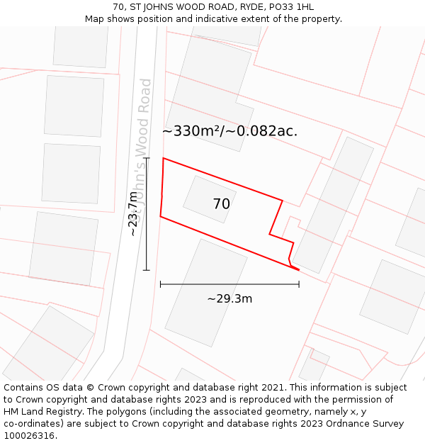70, ST JOHNS WOOD ROAD, RYDE, PO33 1HL: Plot and title map