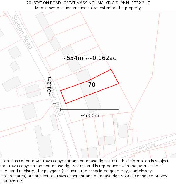 70, STATION ROAD, GREAT MASSINGHAM, KING'S LYNN, PE32 2HZ: Plot and title map