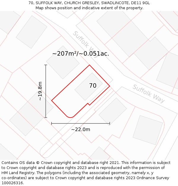 70, SUFFOLK WAY, CHURCH GRESLEY, SWADLINCOTE, DE11 9GL: Plot and title map