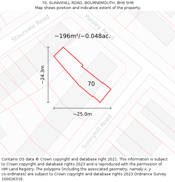 70, SUNNYHILL ROAD, BOURNEMOUTH, BH6 5HR: Plot and title map