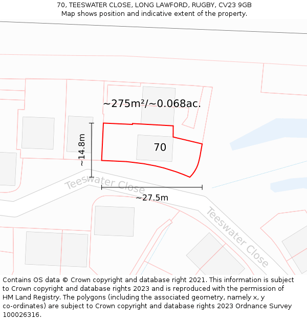 70, TEESWATER CLOSE, LONG LAWFORD, RUGBY, CV23 9GB: Plot and title map