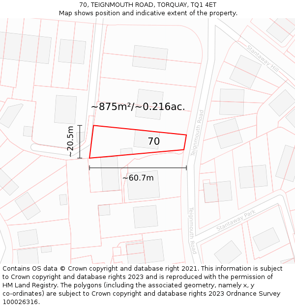 70, TEIGNMOUTH ROAD, TORQUAY, TQ1 4ET: Plot and title map