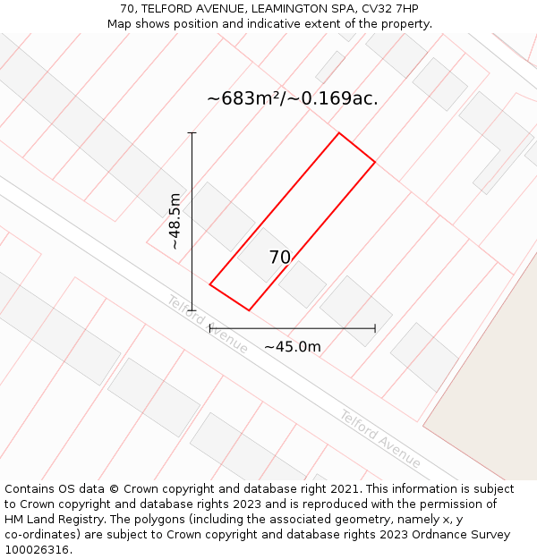 70, TELFORD AVENUE, LEAMINGTON SPA, CV32 7HP: Plot and title map