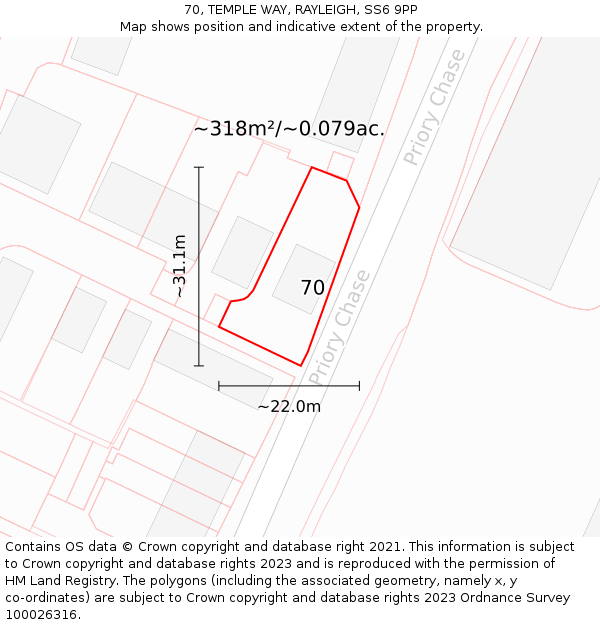 70, TEMPLE WAY, RAYLEIGH, SS6 9PP: Plot and title map