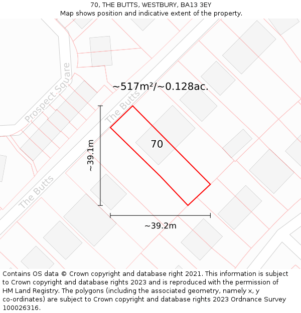 70, THE BUTTS, WESTBURY, BA13 3EY: Plot and title map